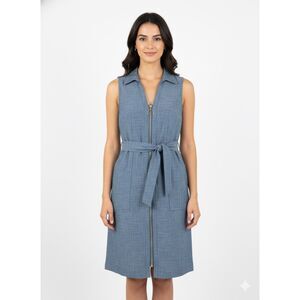 SHARAGANO SZ.10P  CASUAL CUTE DRESSY COASTAL TIE WAIST COLLARED CHAMBRAY DRESS